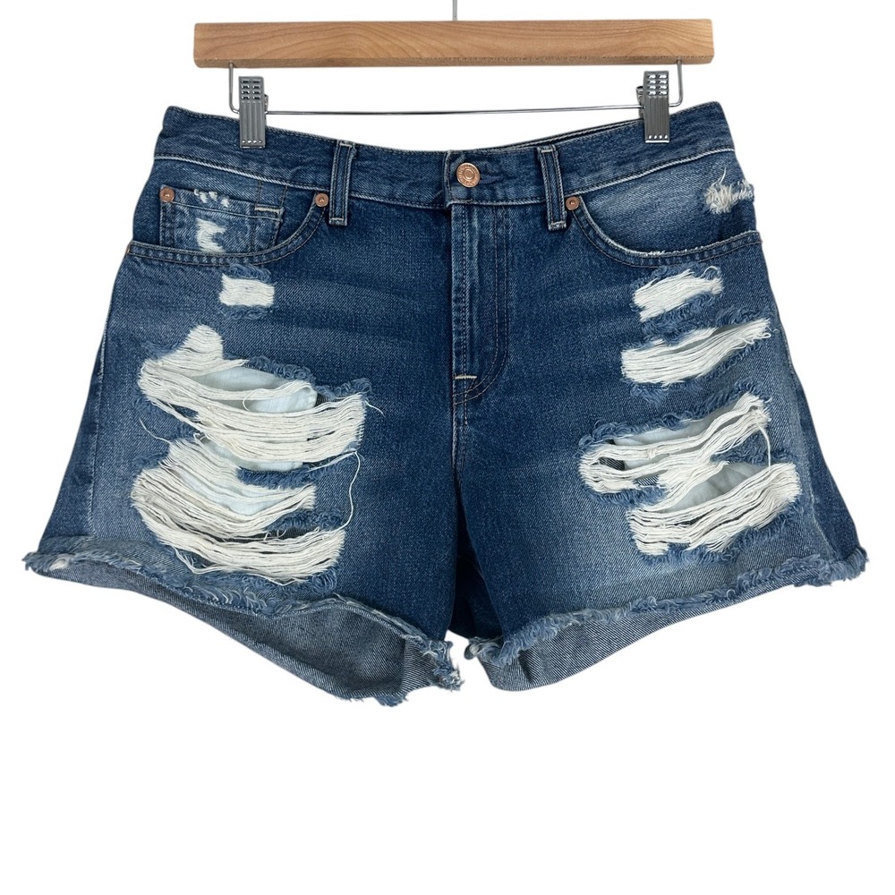 7 For All Mankind Distressed Shredded Denim Shorts Blue Raw Hem AU5170712A Sz 29